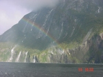 [Milford Sound: rainbow and waterfalls]