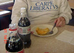 [Lunch at a Cafe north of Christchurch (of course, pie and coke, our on-the-road regular)]