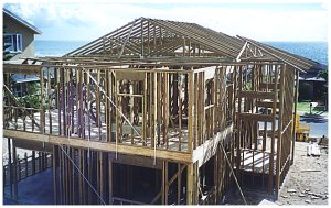 [06 August: With the completion of the second floor framing the roof trusses are installed.]