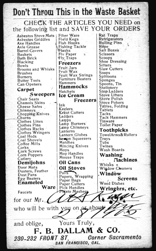 [Back of Postal Card with Huge List of Items for Sale]