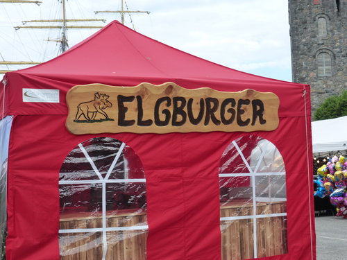 'Elkburgers' for sale in the inner harbor area of Bergen, Norway