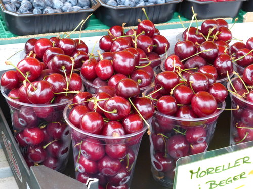 Cherries for sale in the inner harbor area of Bergen, Norway