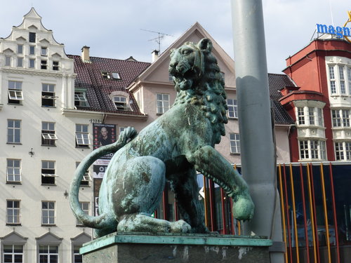 Lion statue in the inner harbor area of Bergen, Norway