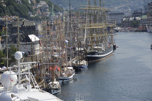 Lineup of Tall Ships in Bergen Inner Harbor