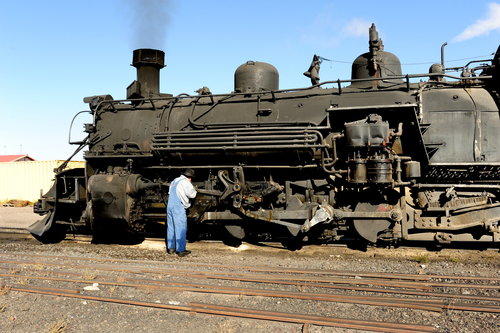 [Maintenance on Locomotive 489, at Antonito, Colorado, Ready to Take Us Over the Mountains to Chama]