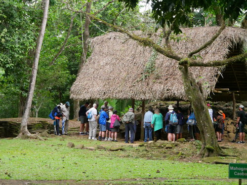 [Our Tour Group Viewing Archaeological Dig, Maya Ruins (note the thatched roof, much like those used on Mayan structures)]