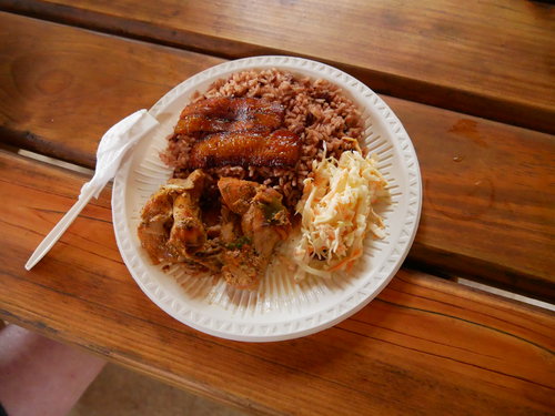 [Lunch: Rice, Beans, Chicken, and Plantain (with coleslaw)]